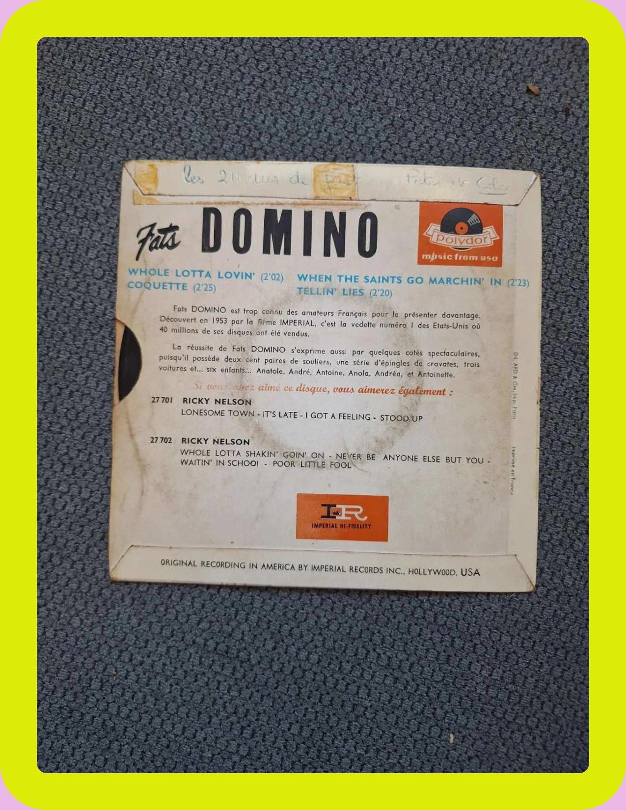 Vinyl 45 RPM EP - Fats Domino - Volume 1 (Polydor 1959) Rock & Roll – photo 2